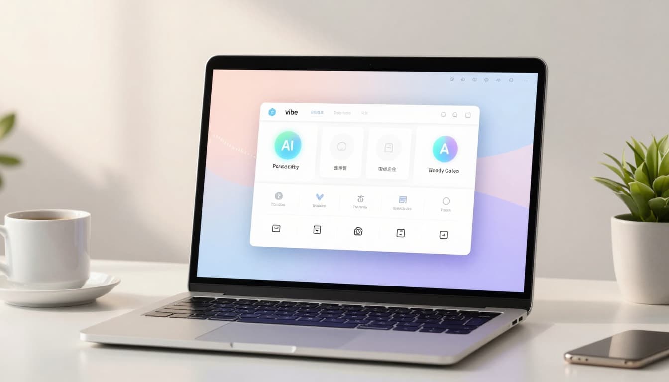 A laptop on a white desk displays a software interface with icons labeled "AI" and "Handy Combo." Nearby are a cup of coffee, a smartphone, and a small potted plant. The screen has a pastel gradient background.