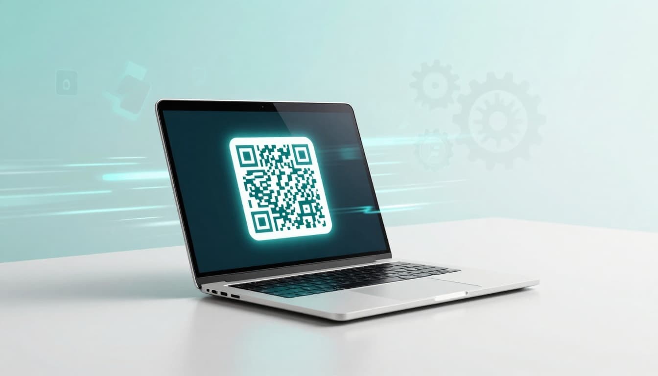 A laptop displaying a glowing QR code on its screen sits on a white surface. The background features faint gear icons and a teal gradient.