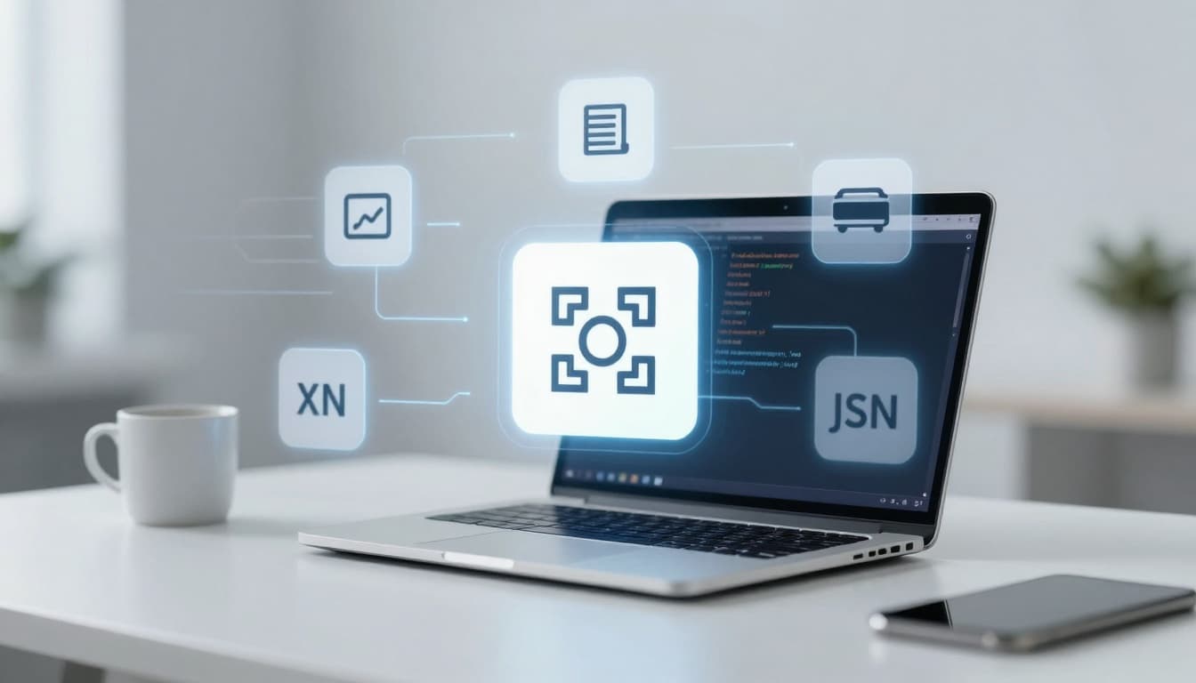 A laptop displaying code sits on a white desk with a smartphone and coffee cup. Floating icons represent data processing concepts.
