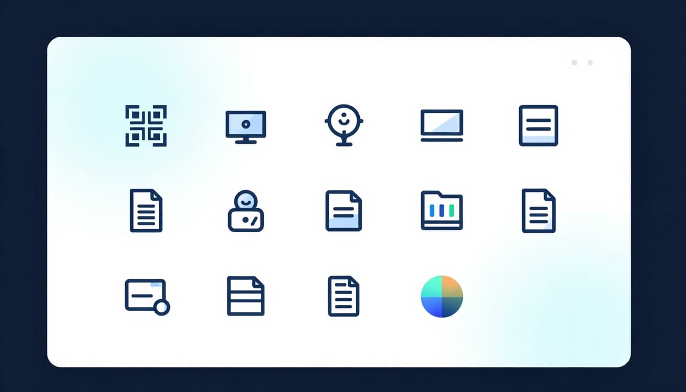A grid of 15 blue icons on a white background. Icons depict a QR code, computer monitor, microphone, laptop, document, person, chart, folder, and a color wheel.