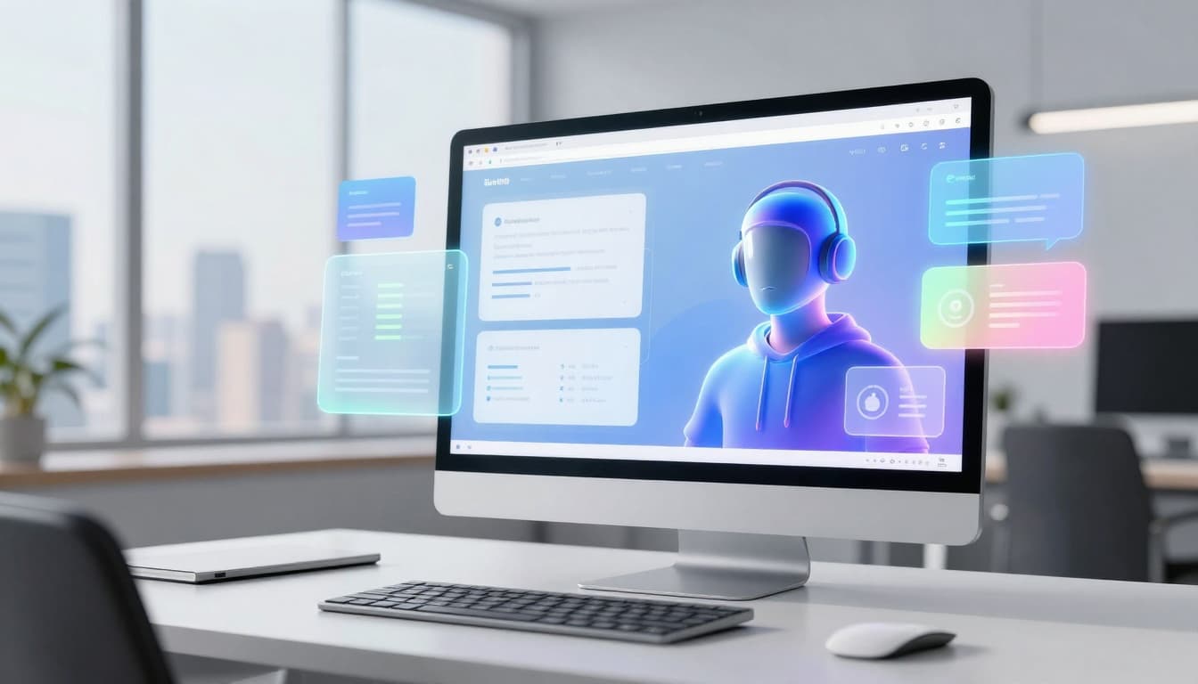 A computer monitor on a desk displays a digital avatar wearing headphones, surrounded by floating, colorful, translucent interface elements. The office background is blurred.