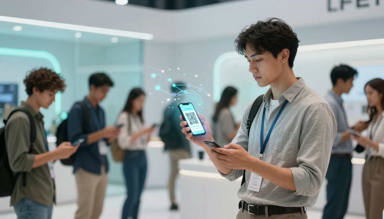 A person in a light gray shirt is looking at a smartphone displaying a QR code in a tech store. Digital graphics suggest connectivity. Other people in the background are also using smartphones.