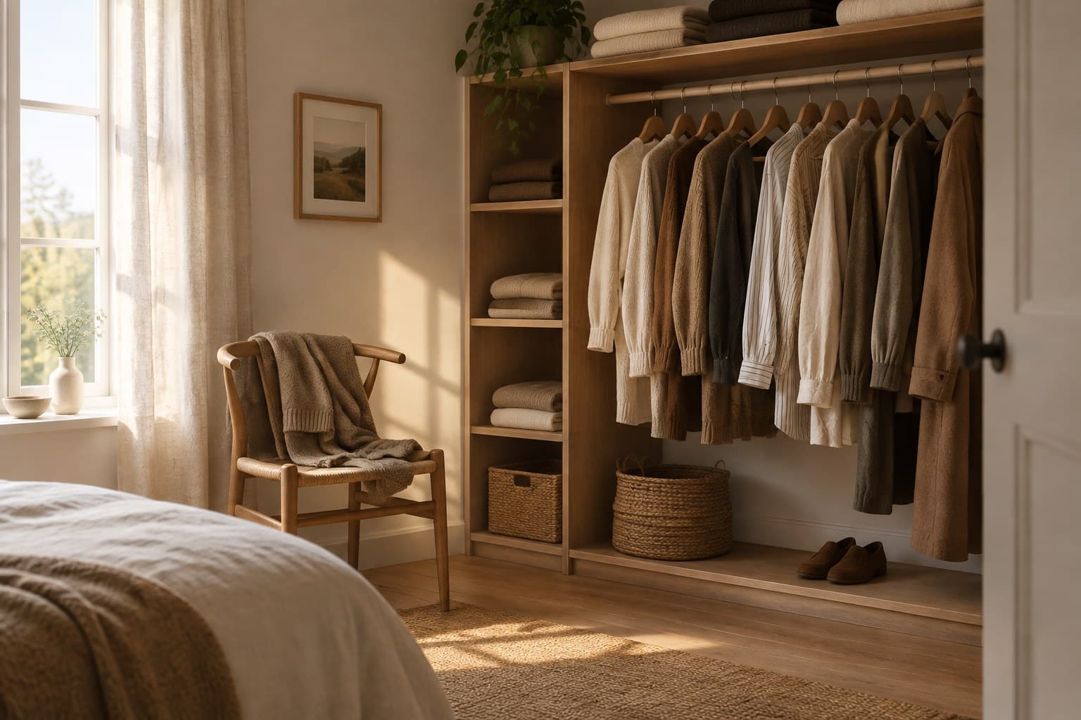 A calm bedroom corner with neatly organised clothes on a rail in soft morning light