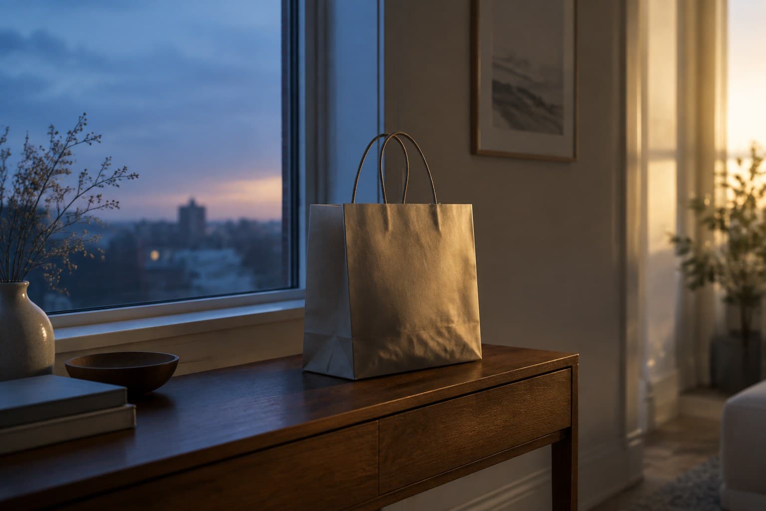 A single shopping bag left untouched overnight on a quiet console table in soft evening light