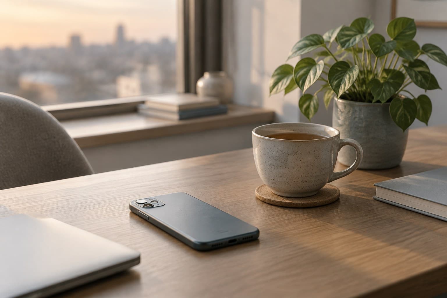 A smartphone resting face-down on a desk beside a cup of tea in soft afternoon light